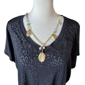 Vintage Womens Collier Bohm Gold,Metal, Aqua Acrylic, Blue Stones Leaf Chain Nec